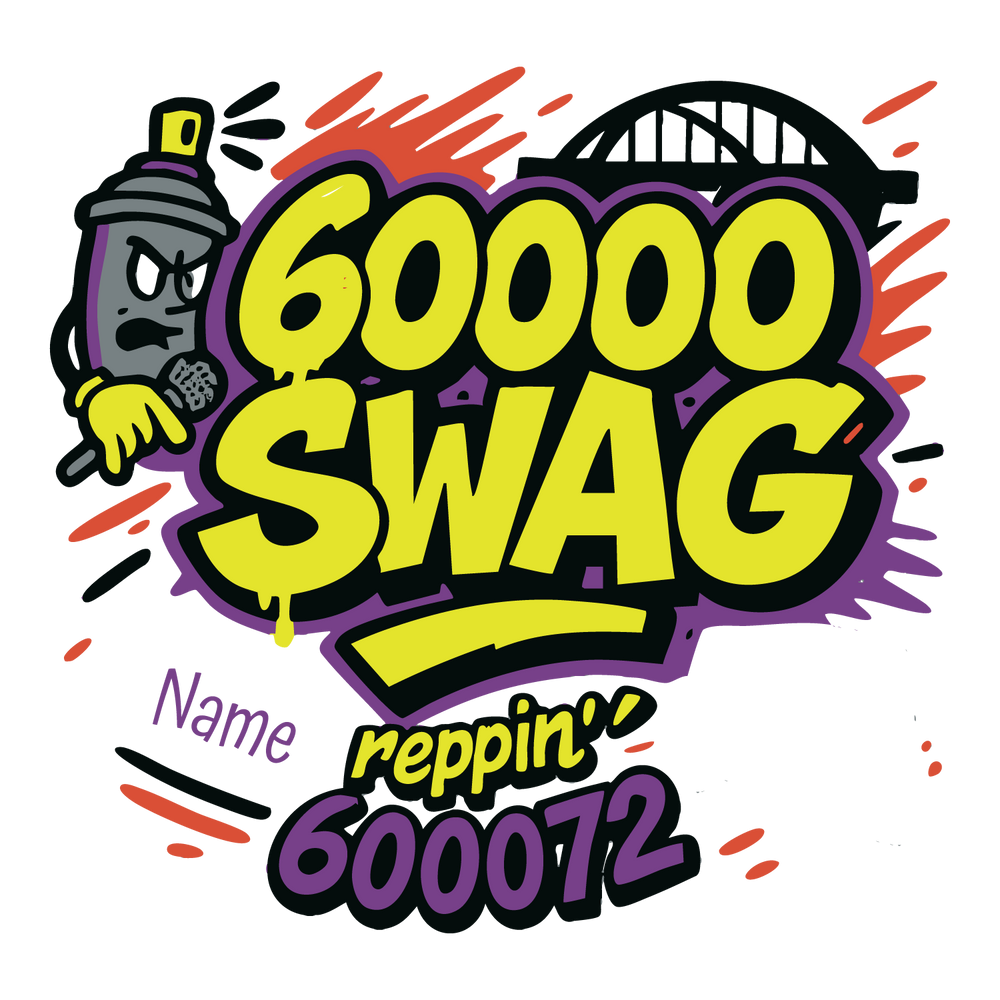 Graffiti-style 60000 SWAG T-shirt design with spray-can character, bold lettering, and customizable name/area code.