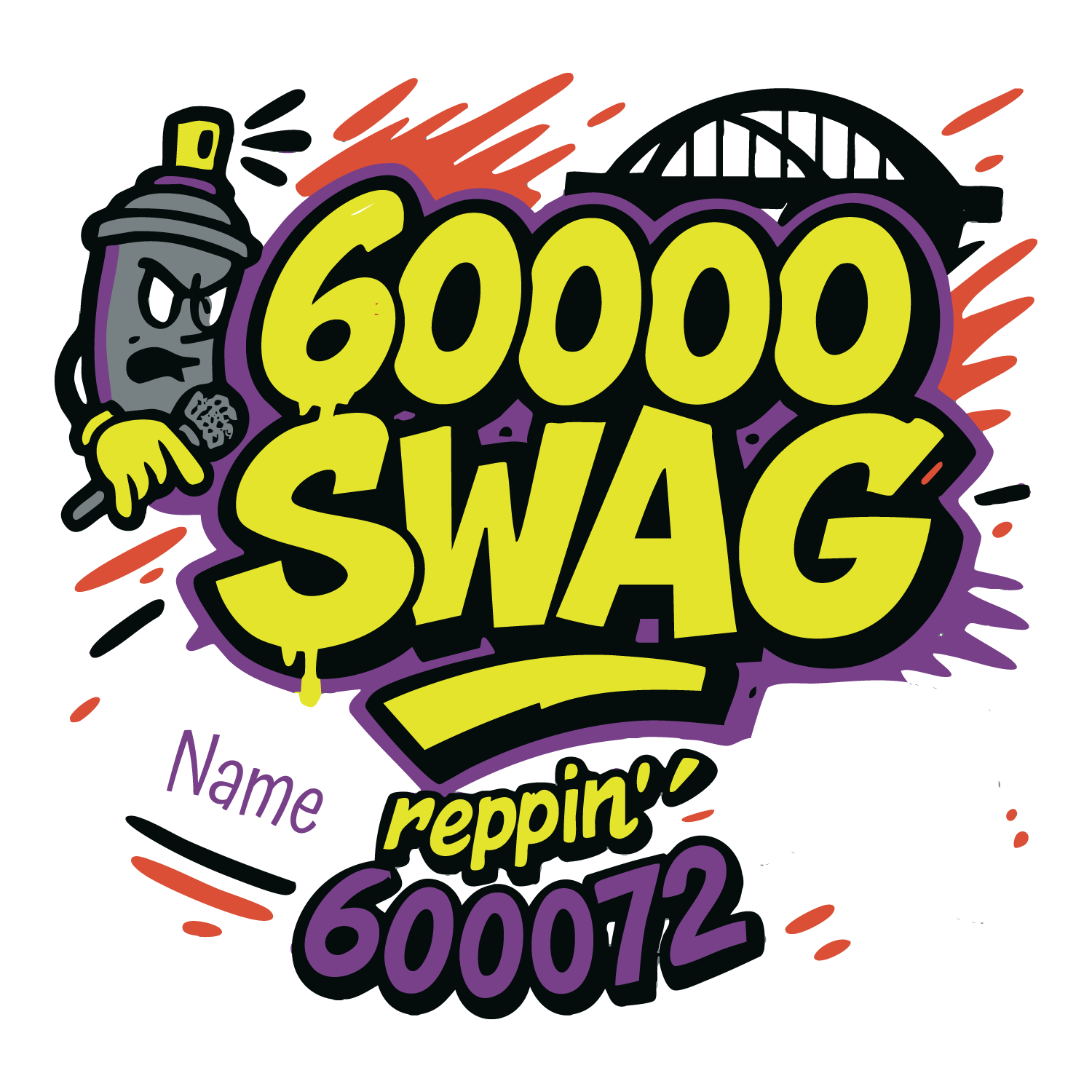 Graffiti-style 60000 SWAG T-shirt design with spray-can character, bold lettering, and customizable name/area code.