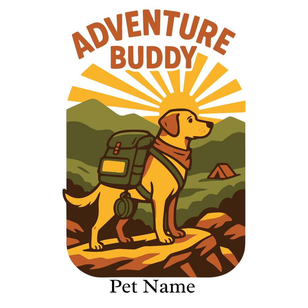Dog with backpack in mountain scene under sun rays, customizable with pet name.
