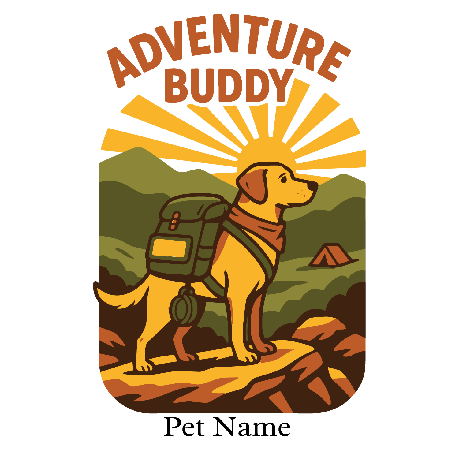 Dog with backpack in mountain scene under sun rays, customizable with pet name.