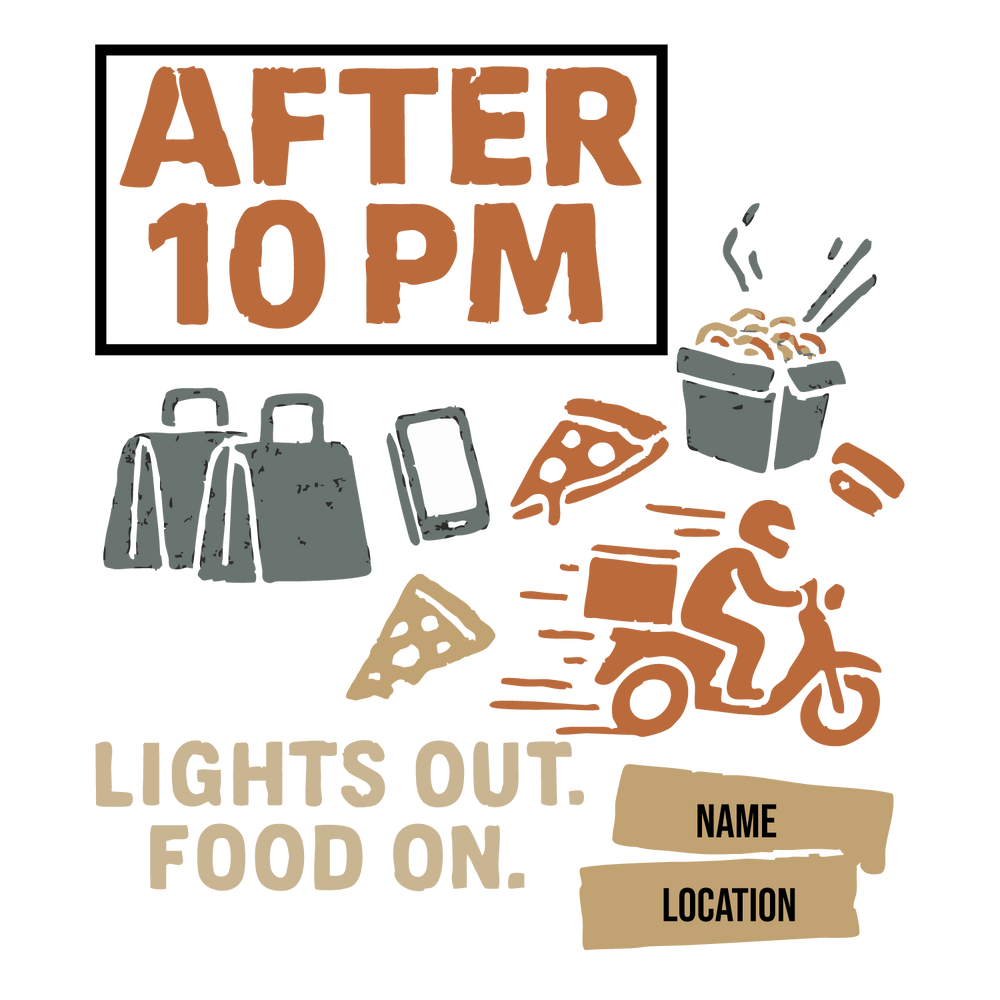 Personalized After 10 PM foodie T-shirt with pizza, delivery rider, snacks, tagline, and custom name + location.