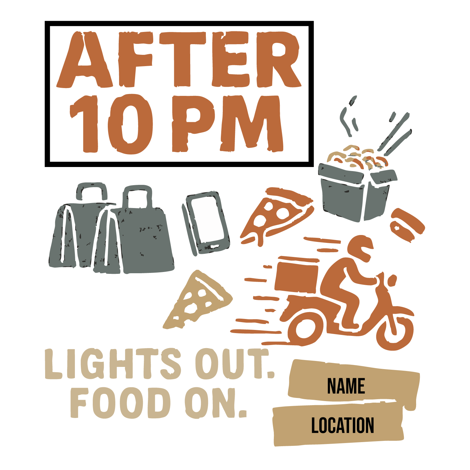 Personalized After 10 PM foodie T-shirt with pizza, delivery rider, snacks, tagline, and custom name + location.