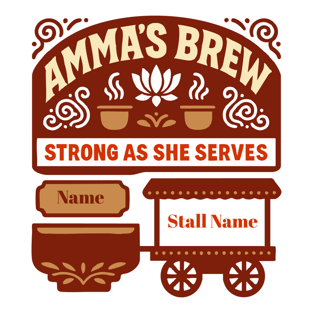 Amma’s Brew T-shirt design featuring cups of chai and lotus art with editable name and stall name fields.
