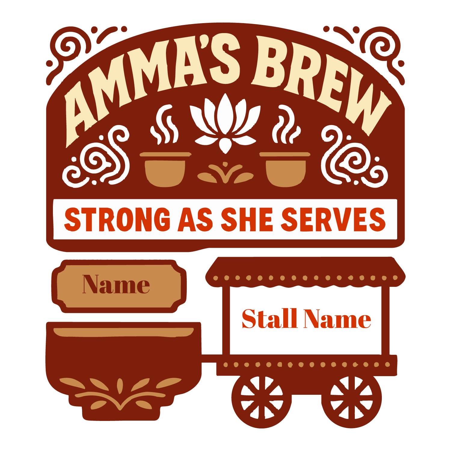 Amma’s Brew T-shirt design featuring cups of chai and lotus art with editable name and stall name fields.