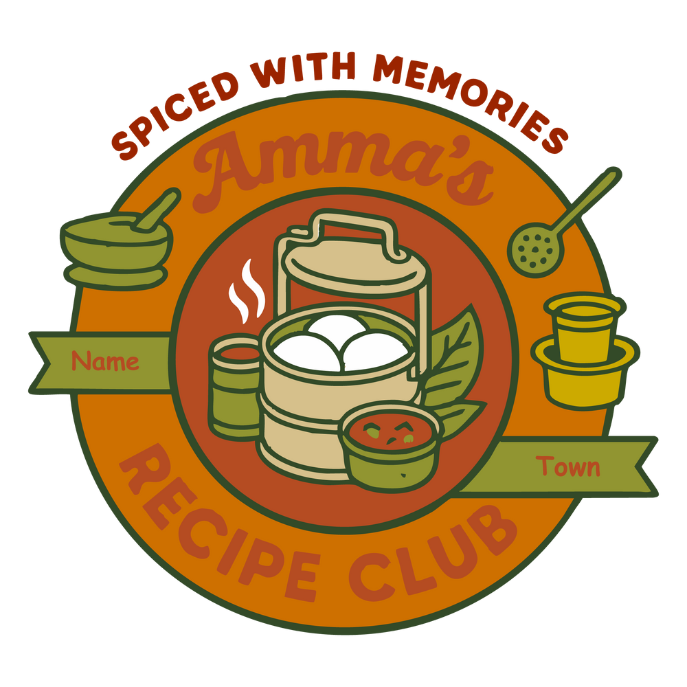 Personalized Amma’s Recipe Club T-shirt with idli carrier, chutney bowl, filter coffee, kitchen tools, and custom name + town.