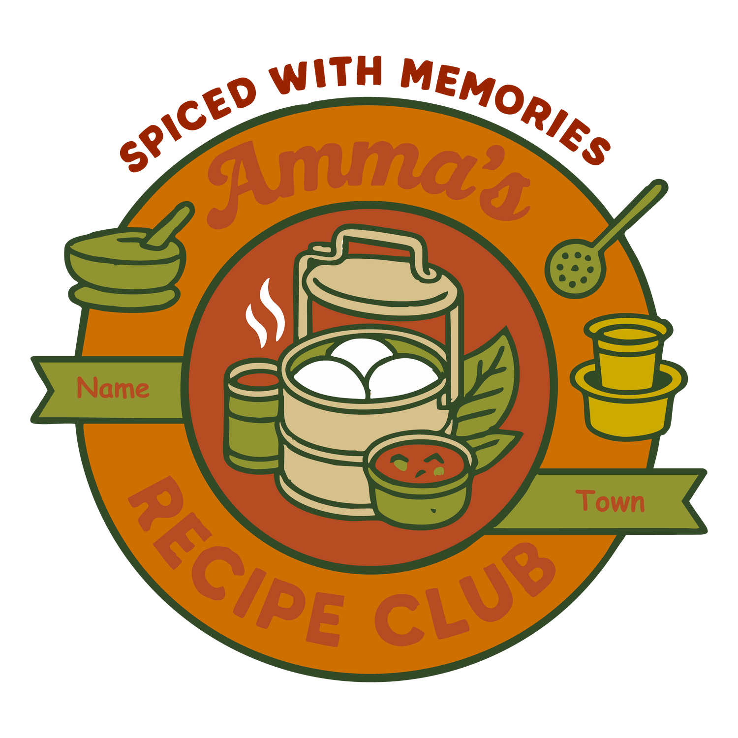 Personalized Amma’s Recipe Club T-shirt with idli carrier, chutney bowl, filter coffee, kitchen tools, and custom name + town.