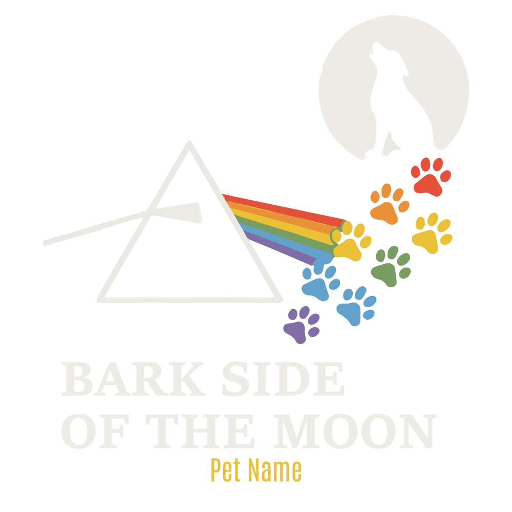 Black tee with “Bark Side of the Moon” prism and rainbow paw print design, customizable pet name.
