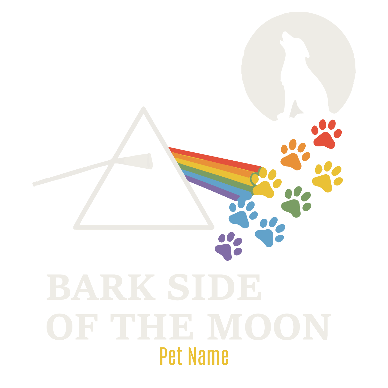 Black tee with “Bark Side of the Moon” prism and rainbow paw print design, customizable pet name.