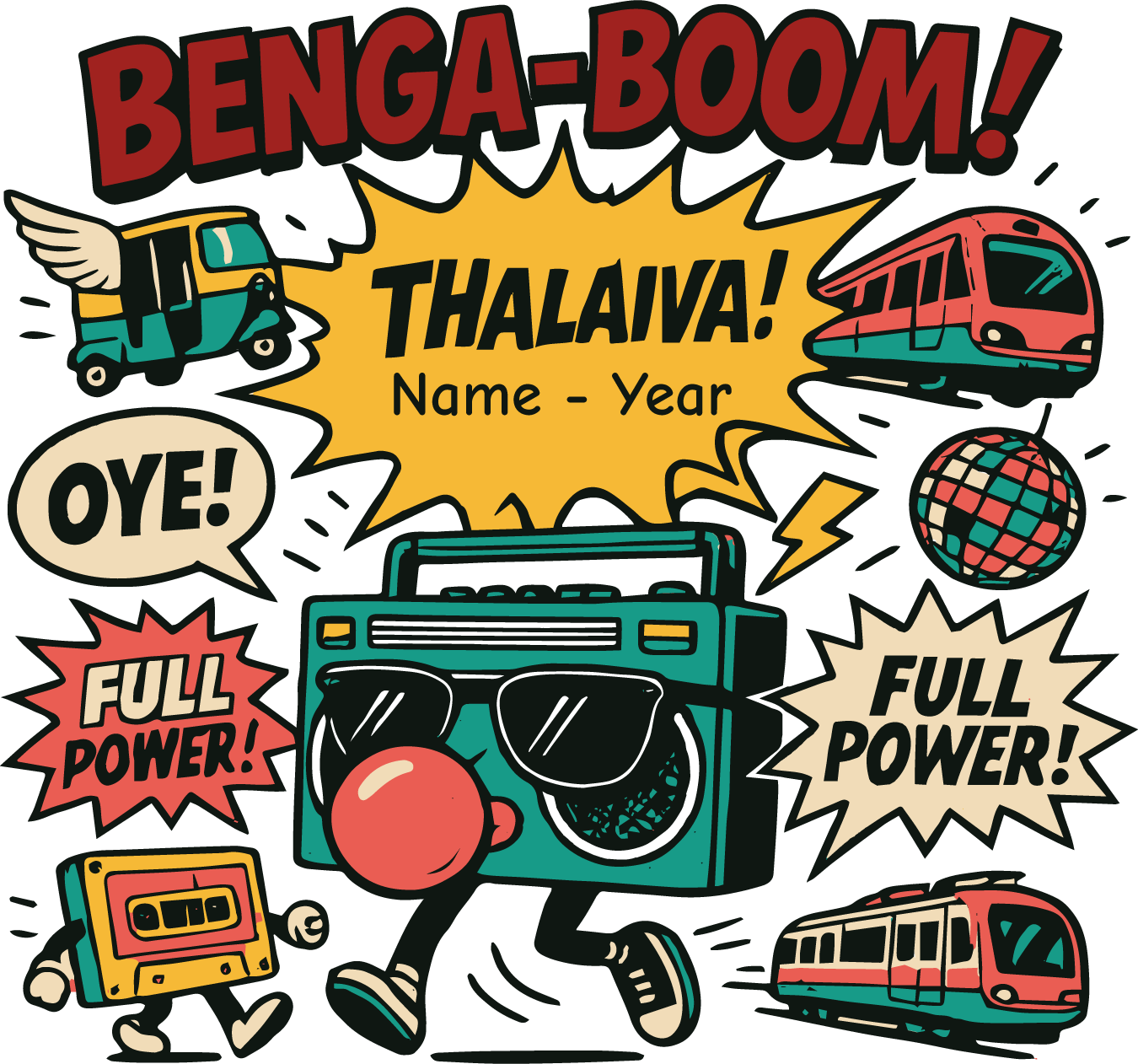 Benga-Boom T-shirt design with boombox, metro, auto, cassette, disco ball, and customizable name and year.