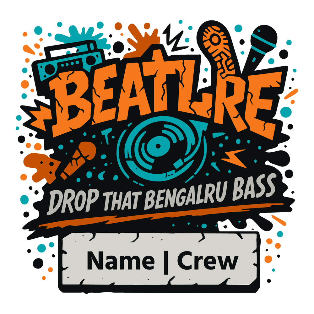 Bengaluru Bass T-shirt design with graffiti style, turntable, boombox, mic, and customizable name and crew.