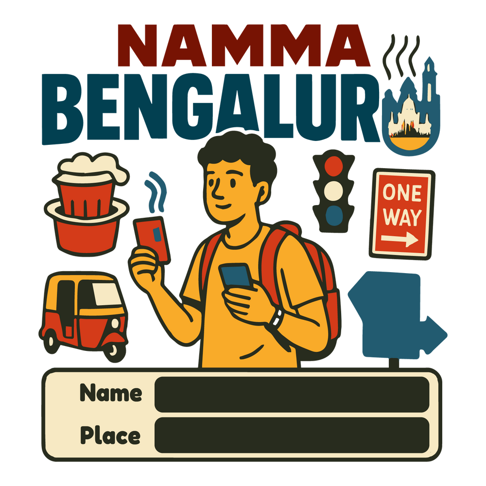 Namma Bengaluru T-shirt design with filter coffee, auto, traffic light, city skyline, and customizable name and place.