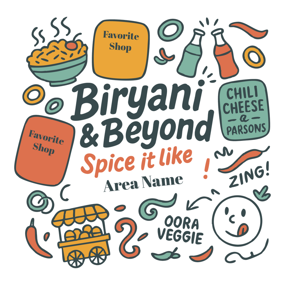 Personalized foodie T-shirt with biryani bowl, chili, sauces, and editable favorite shop + area name.