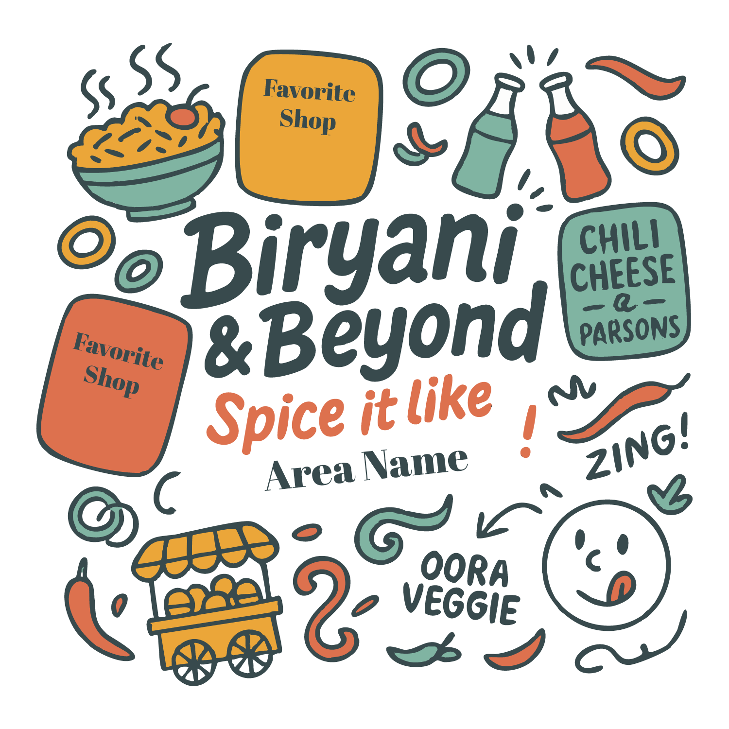 Personalized foodie T-shirt with biryani bowl, chili, sauces, and editable favorite shop + area name.