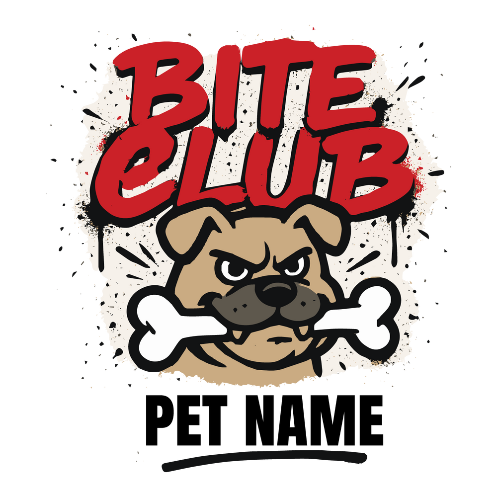 “Cartoon bulldog holding bone with Bite Club text and customizable pet name”