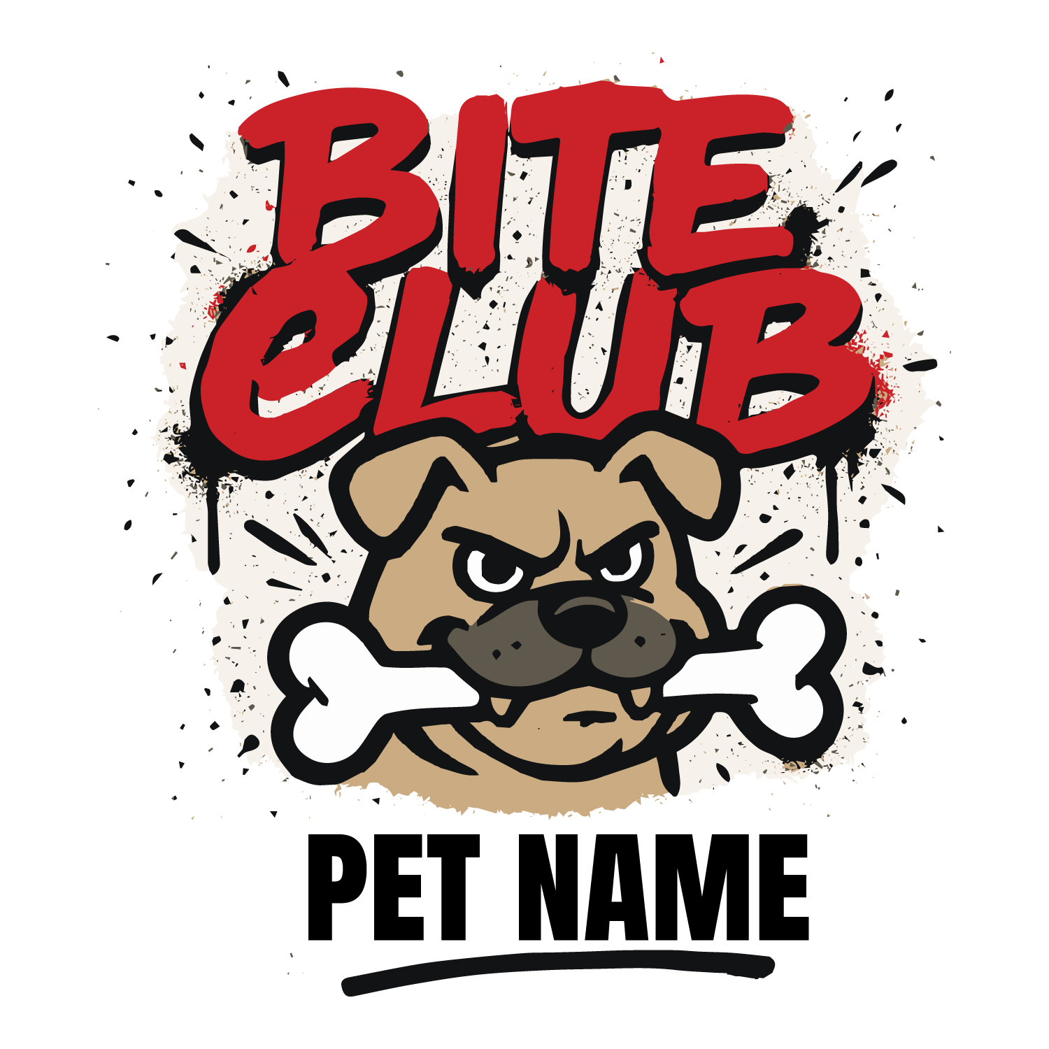 “Cartoon bulldog holding bone with Bite Club text and customizable pet name”