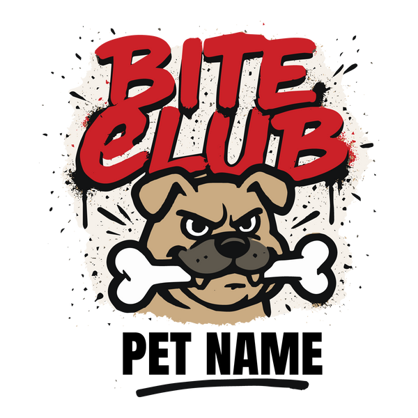 “Cartoon bulldog holding bone with Bite Club text and customizable pet name”