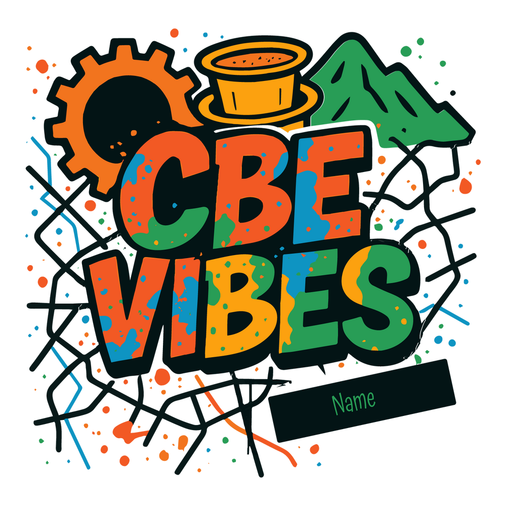CBE Vibes T-shirt design with graffiti-style text, filter coffee, cogwheel, mountains, and customizable name.