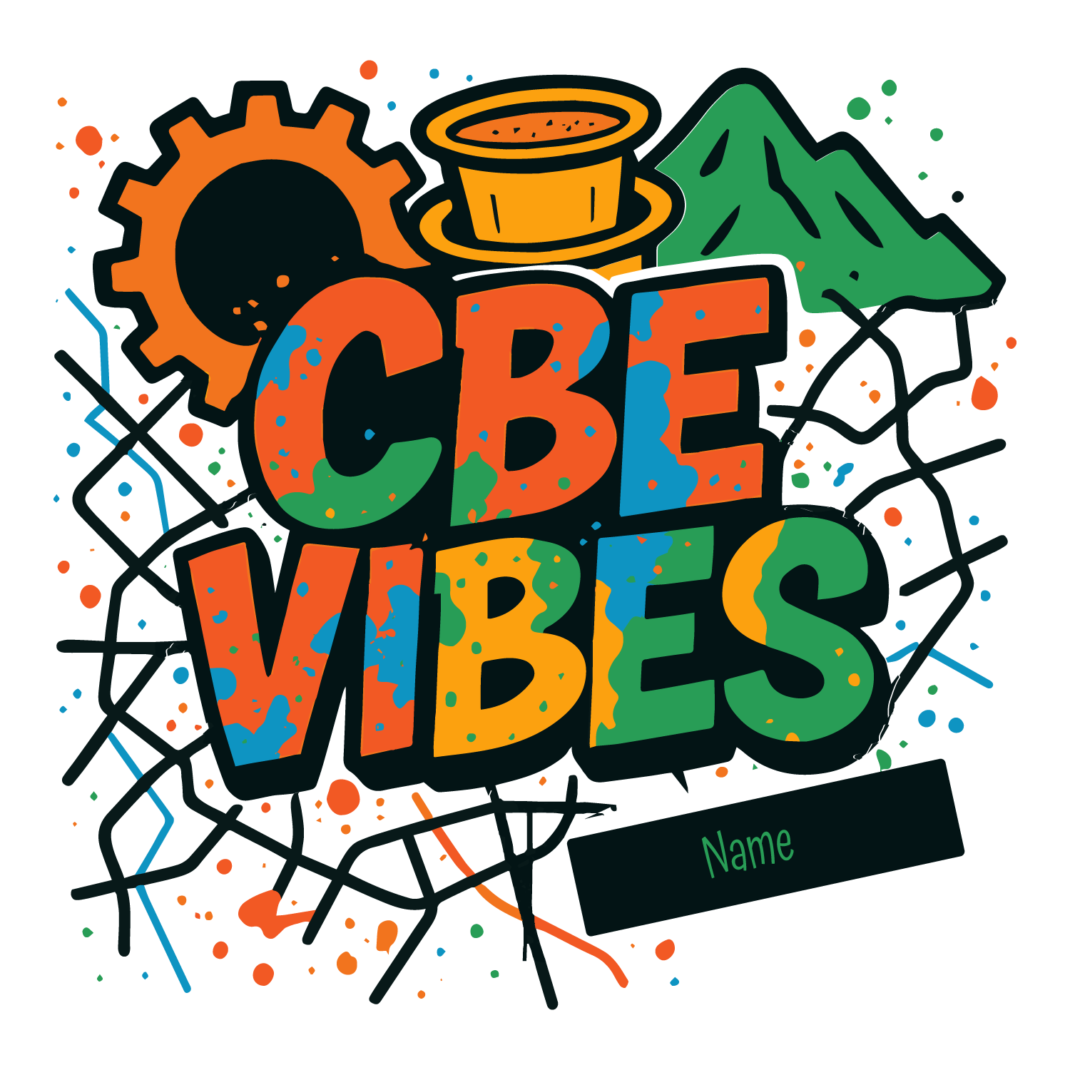 CBE Vibes T-shirt design with graffiti-style text, filter coffee, cogwheel, mountains, and customizable name.