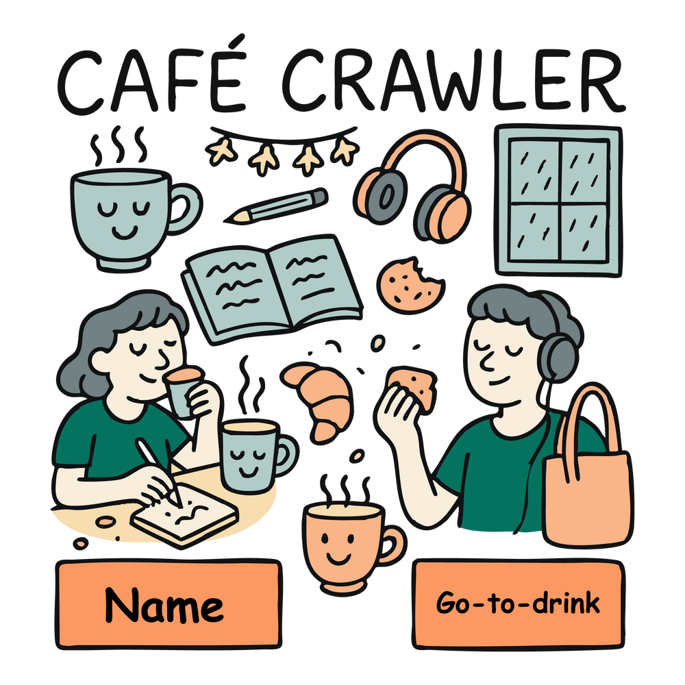 Personalized Café Crawler T-shirt with coffee mugs, croissants, cookies, books, headphones, and custom name + drink option.