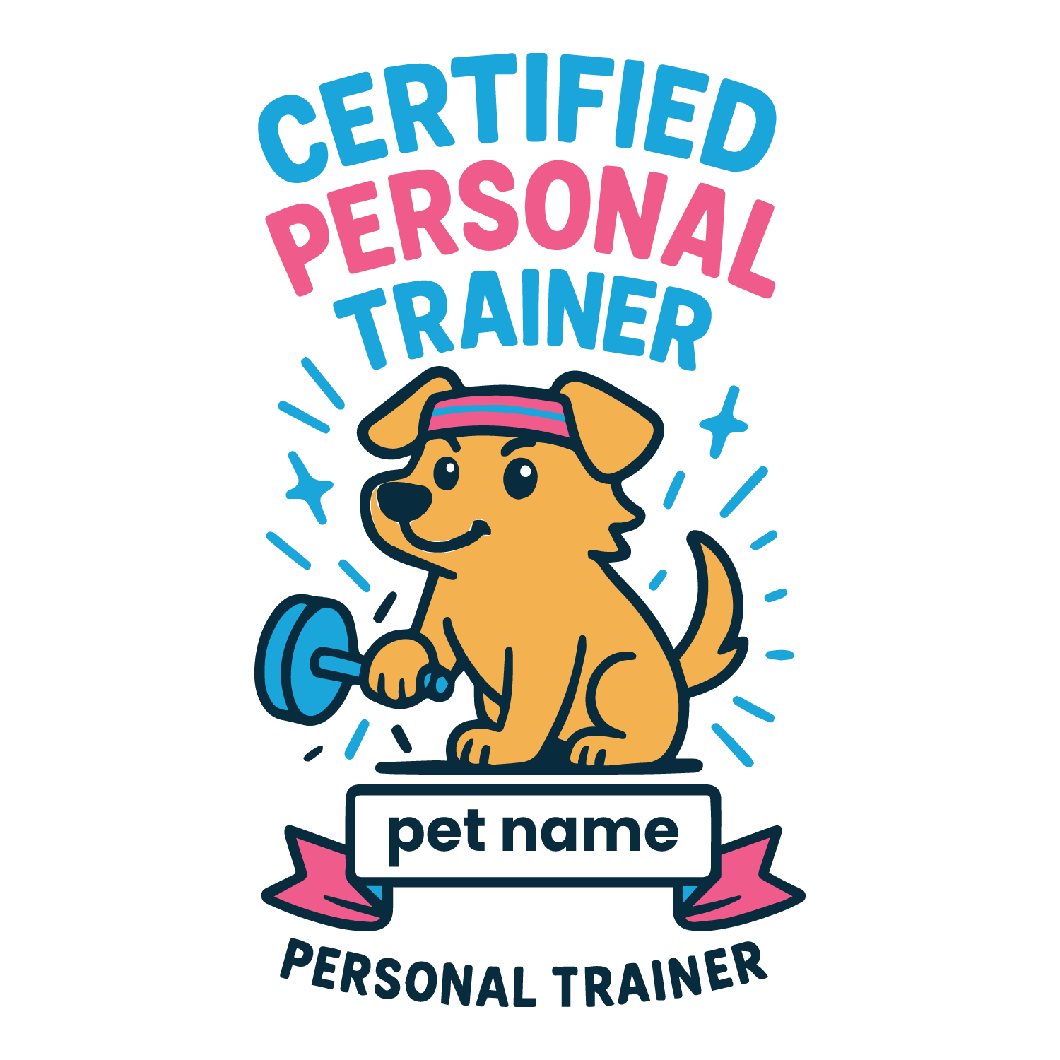 Cartoon dog lifting dumbbell with “Certified Personal Trainer” text and customizable pet name banner.