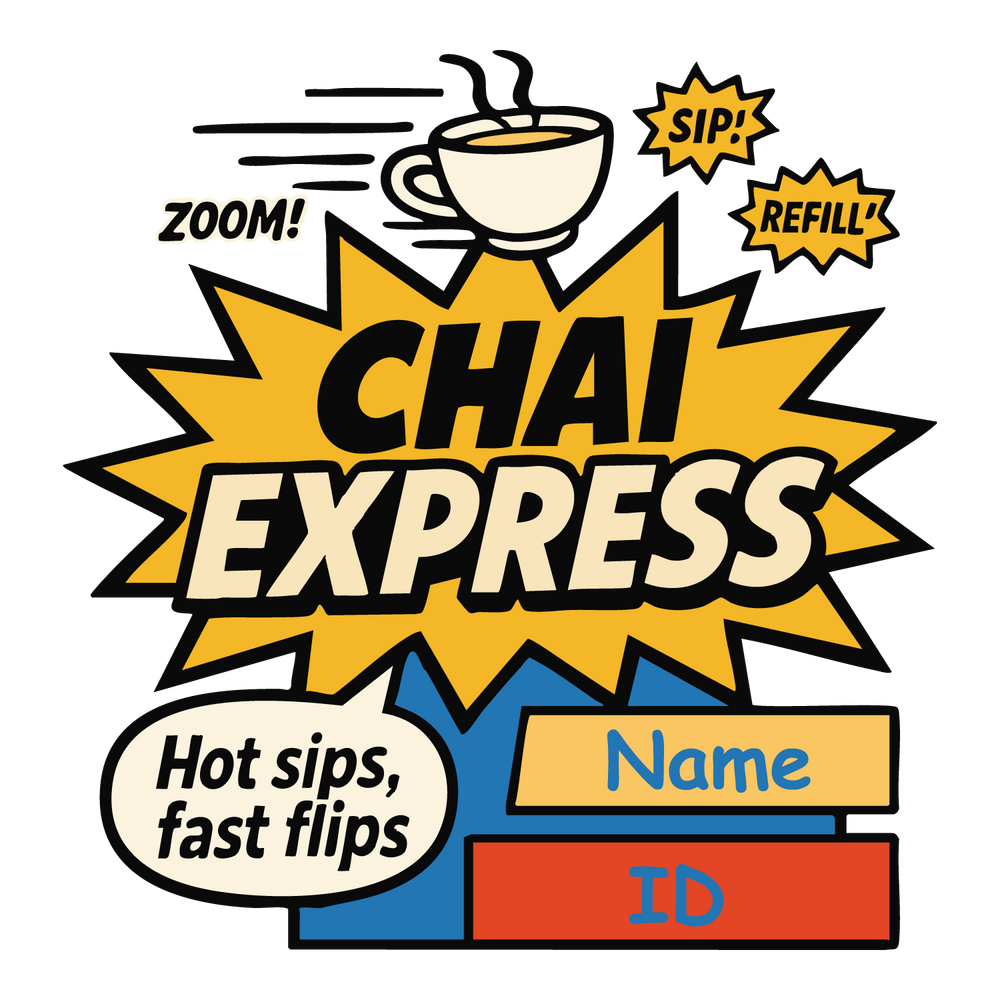 Chai Express T-shirt design in comic-style with cup of tea, “Hot sips, fast flips” text, and editable name and ID fields.