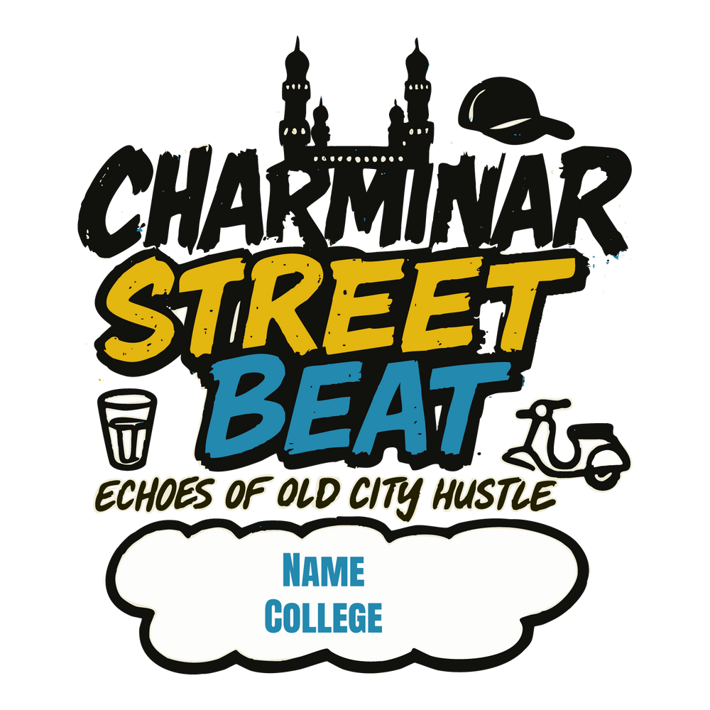 Street-style tee with Charminar, scooter, tea glass, bold lettering, and customizable name + college field.