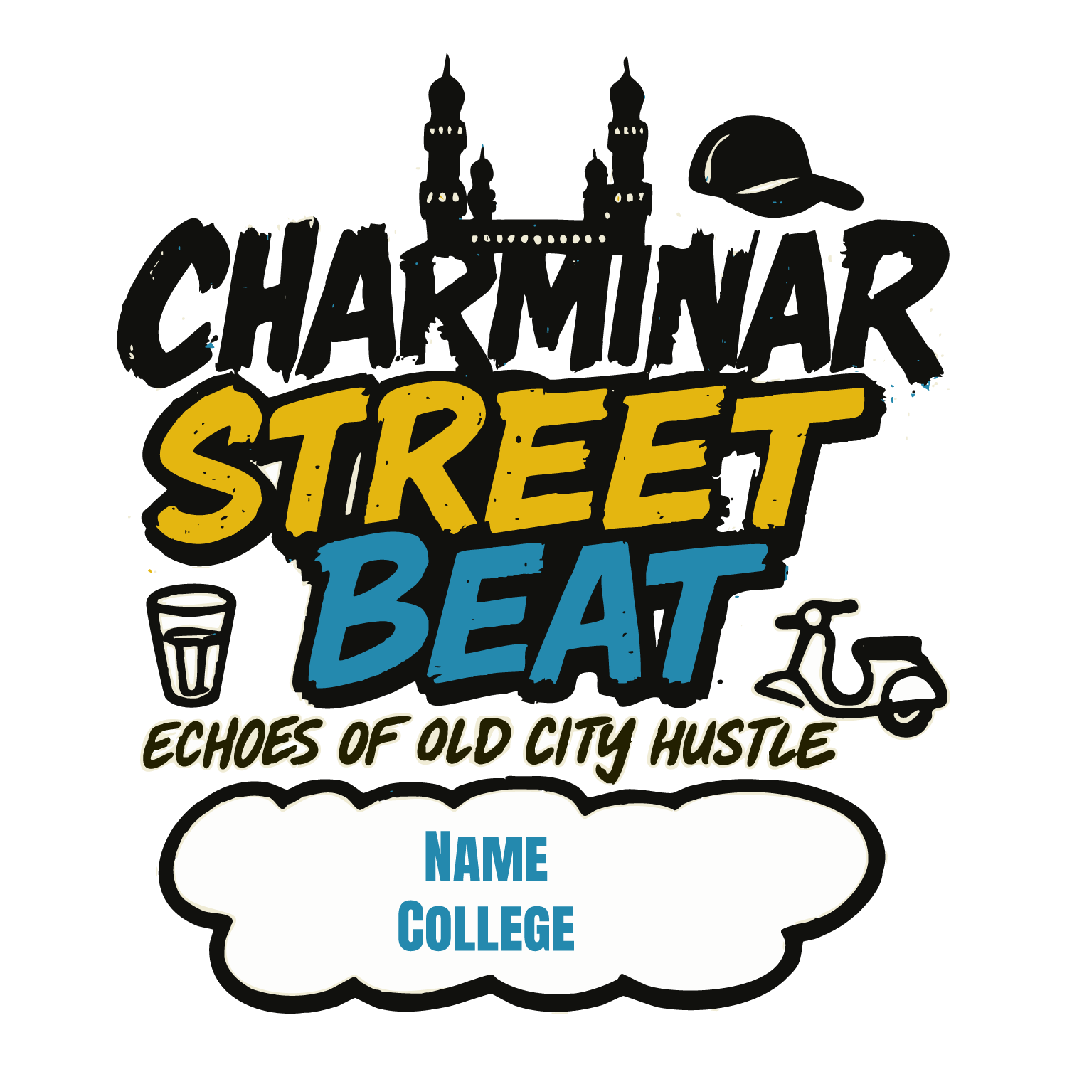 Street-style tee with Charminar, scooter, tea glass, bold lettering, and customizable name + college field.