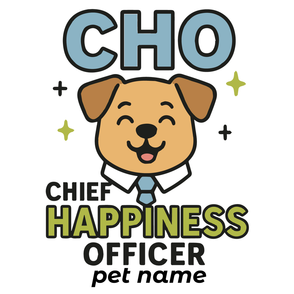 Funny “Chief Happiness Officer” custom dog T-shirt with tie-wearing pup and editable pet name.