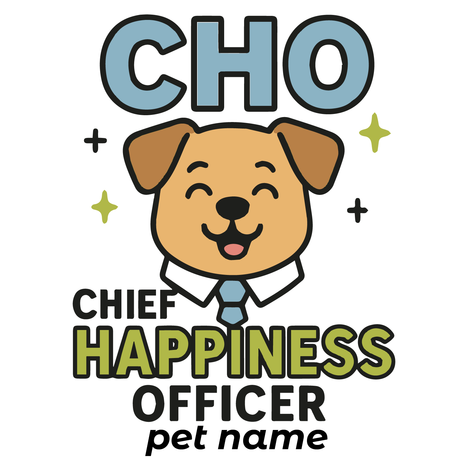 Funny “Chief Happiness Officer” custom dog T-shirt with tie-wearing pup and editable pet name.