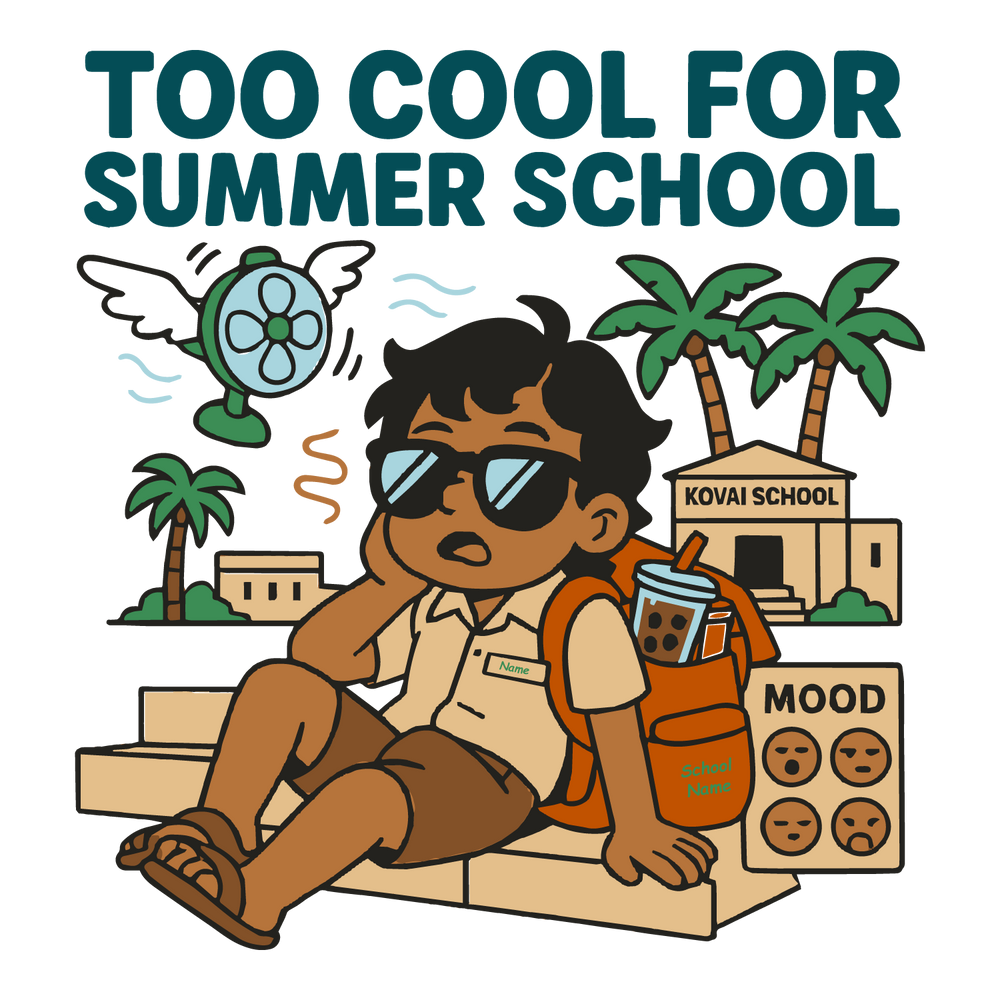 Too Cool for Summer School Coimbatore T-shirt design with student, palm trees, school backdrop, and customizable name/school.