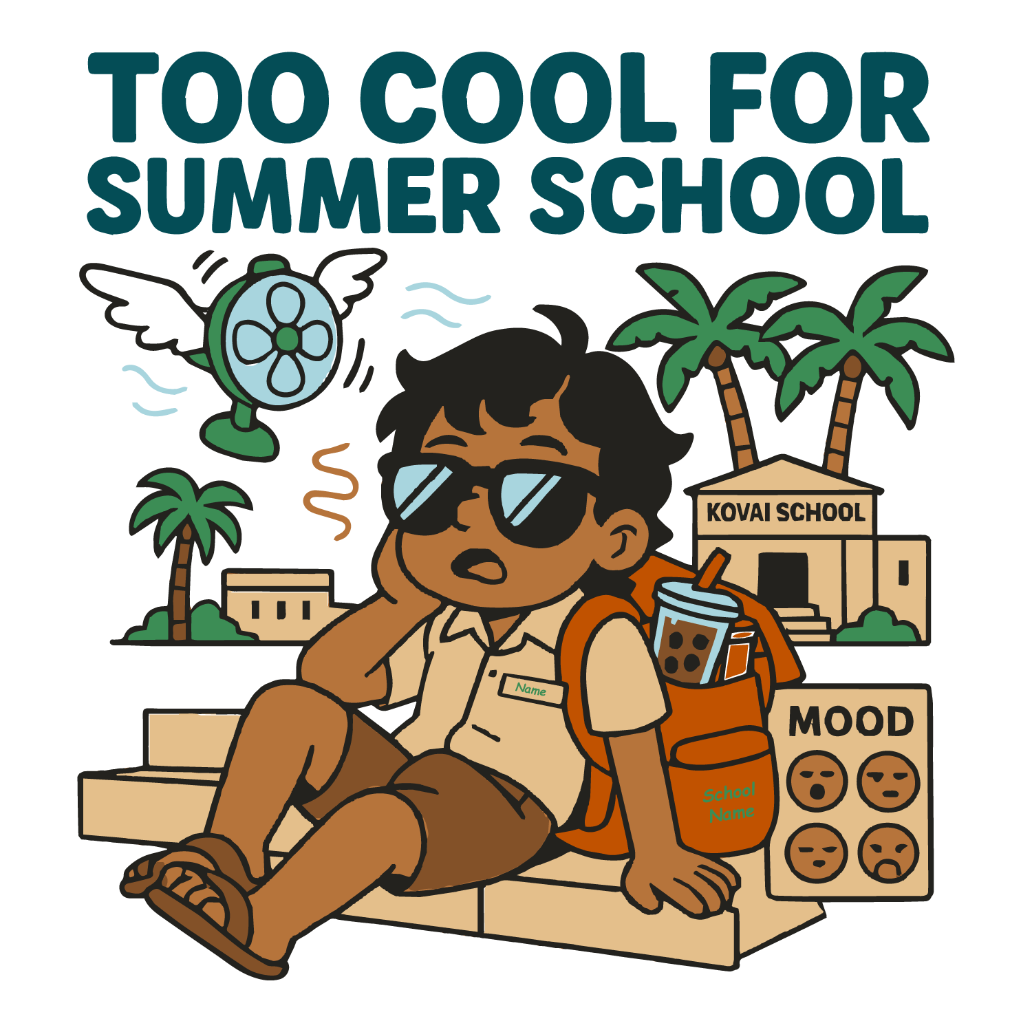 Too Cool for Summer School Coimbatore T-shirt design with student, palm trees, school backdrop, and customizable name/school.