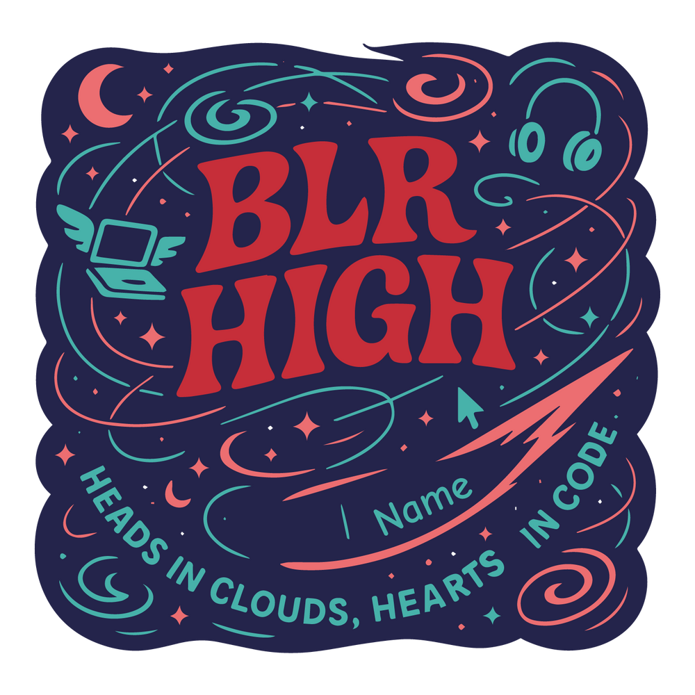BLR High T-shirt design with cosmic swirls, laptop with wings, headphones, and customizable name.