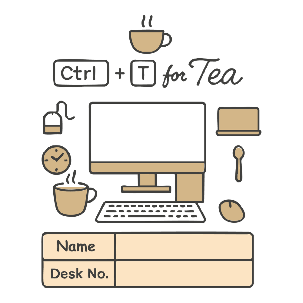 Office-themed T-shirt design with computer desk and text “Ctrl + T for Tea,” featuring editable name and desk number fields.