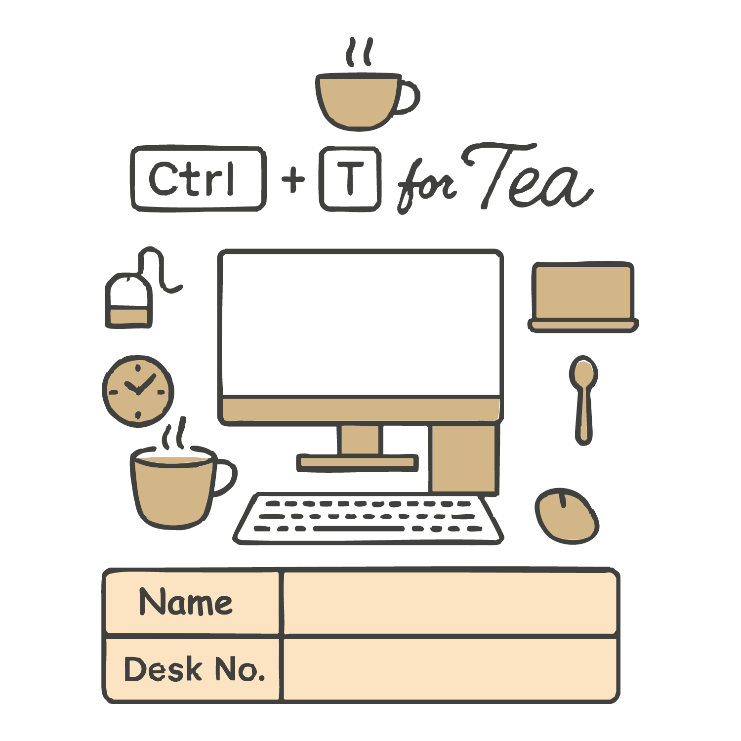 Office-themed T-shirt design with computer desk and text “Ctrl + T for Tea,” featuring editable name and desk number fields.
