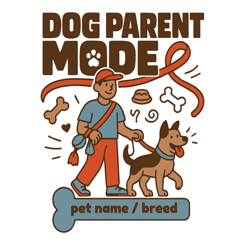 Dog owner walking dog with icons, customizable with pet name or breed.