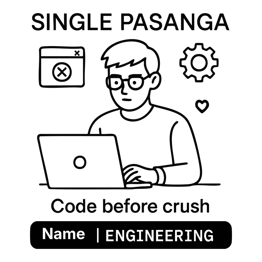 Illustration of a coder at laptop with text “Single Pasanga – Code before crush,” customizable name and engineering branch.