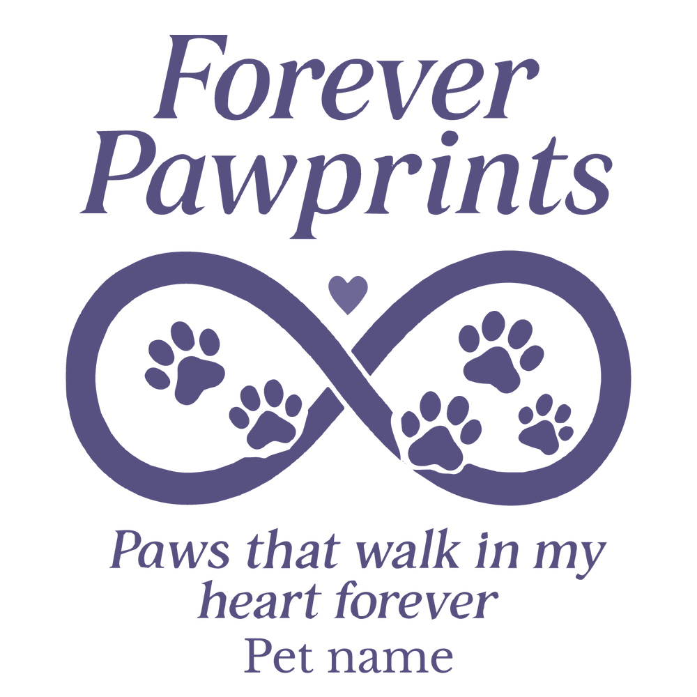 Memorial “Forever Pawprints” custom pet T-shirt with infinity loop, paw prints, and editable pet name.