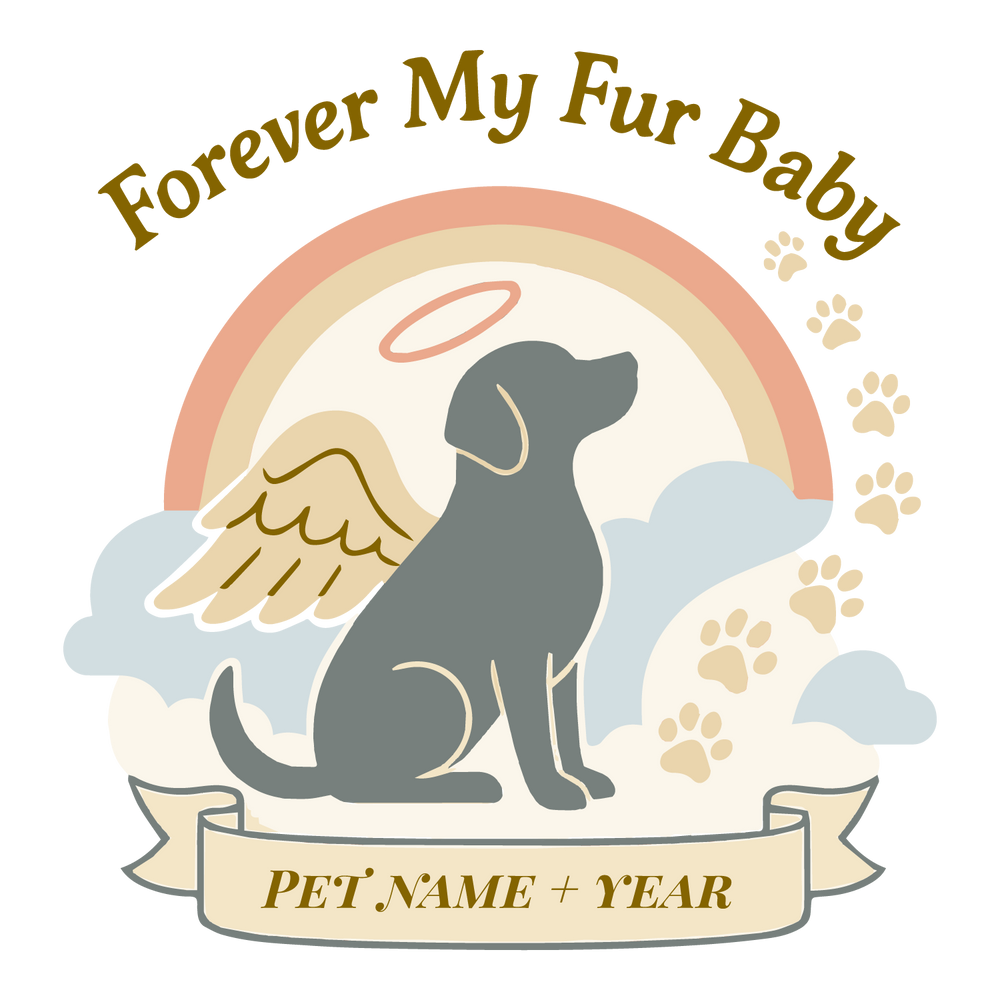 Memorial dog design with halo, rainbow, angel wings, and banner customizable with pet name and year.