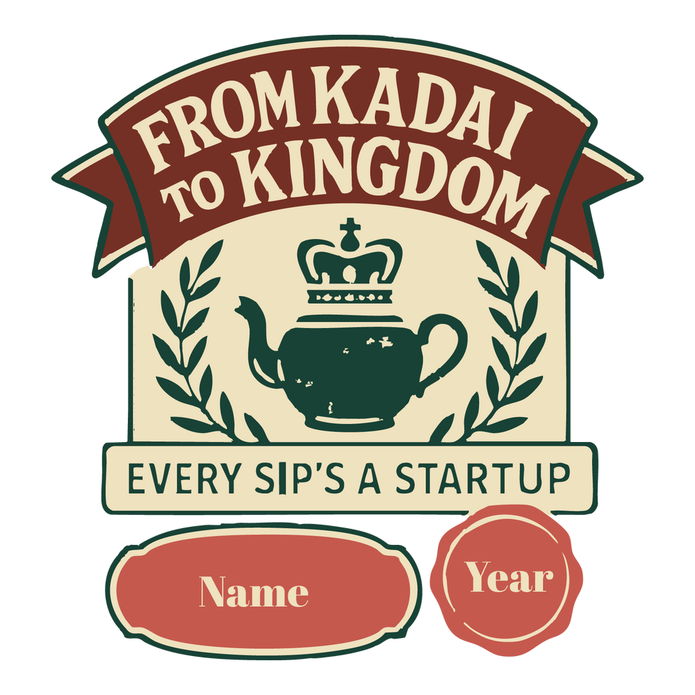 Vintage badge-style T-shirt design featuring teapot with crown, laurel leaves, and editable fields for name and year.
