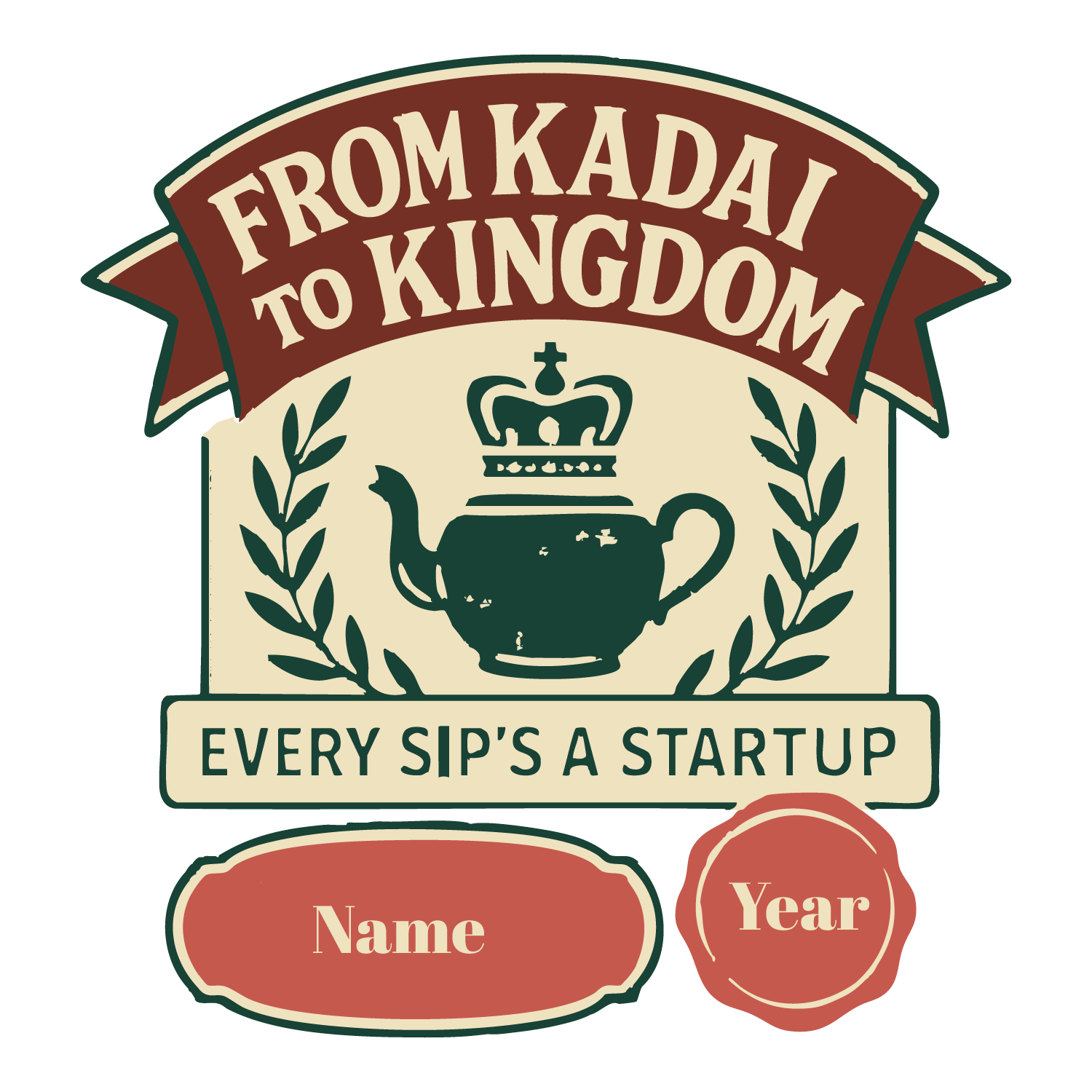 Vintage badge-style T-shirt design featuring teapot with crown, laurel leaves, and editable fields for name and year.
