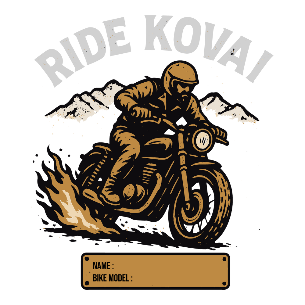 Ride Kovai biker T-shirt with flames, mountains, rider illustration, and customizable name and bike model.