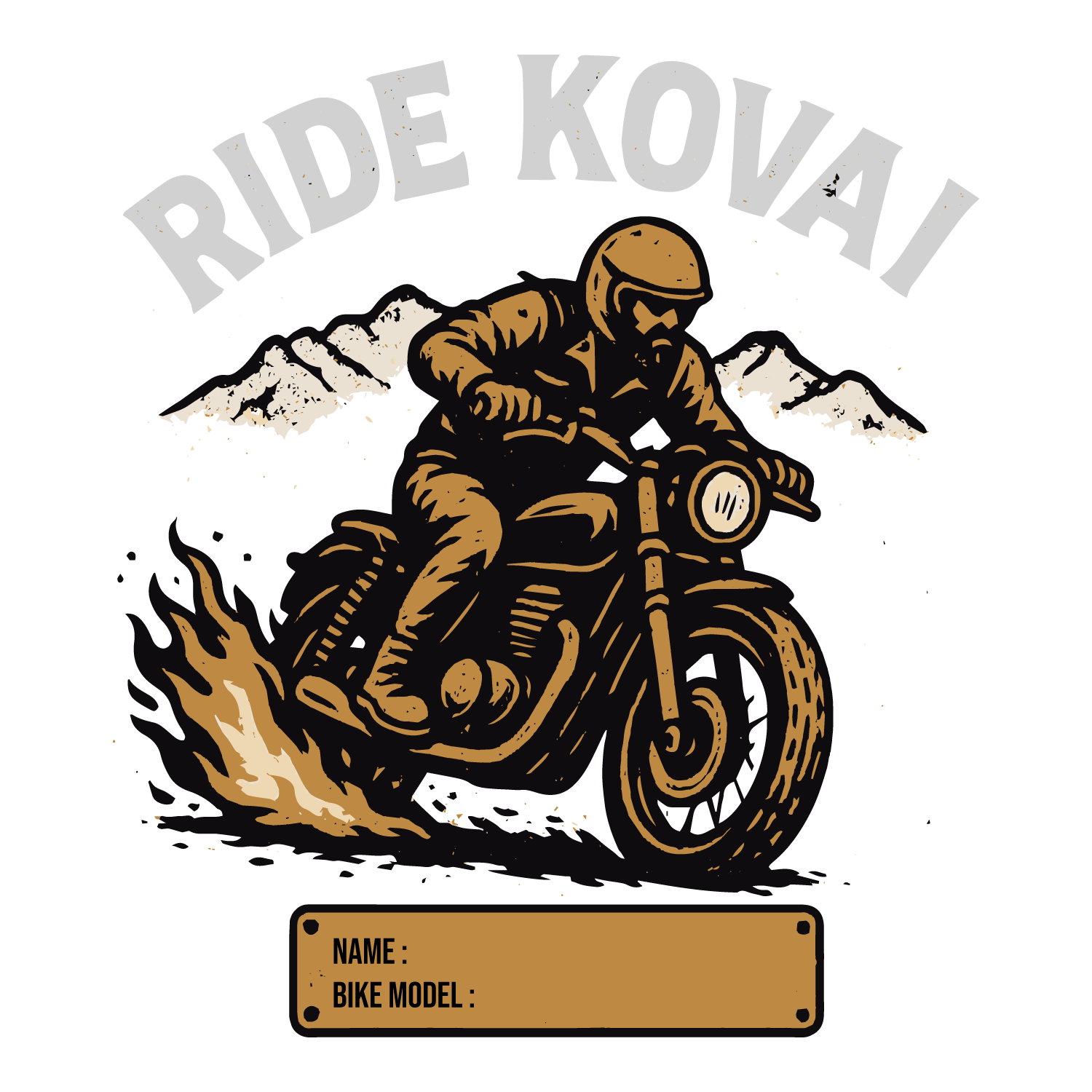 Ride Kovai biker T-shirt with flames, mountains, rider illustration, and customizable name and bike model.