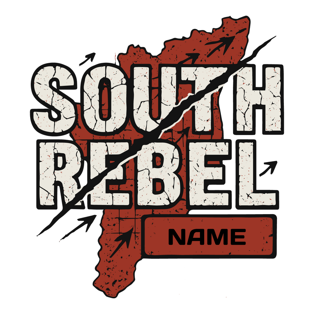 Grunge South Rebel tee with map silhouette, cracked font, arrows, and customizable name and city fields.
