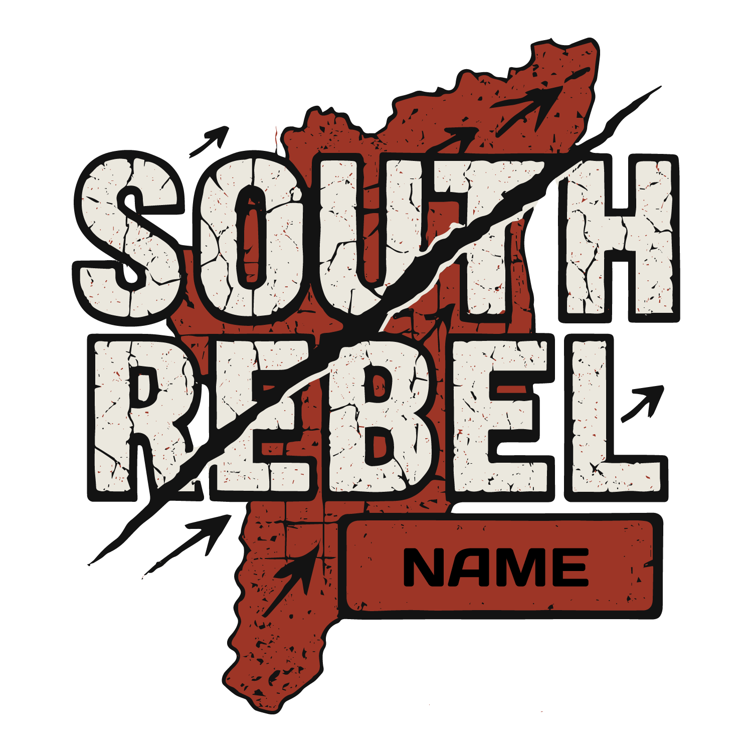 Grunge South Rebel tee with map silhouette, cracked font, arrows, and customizable name and city fields.