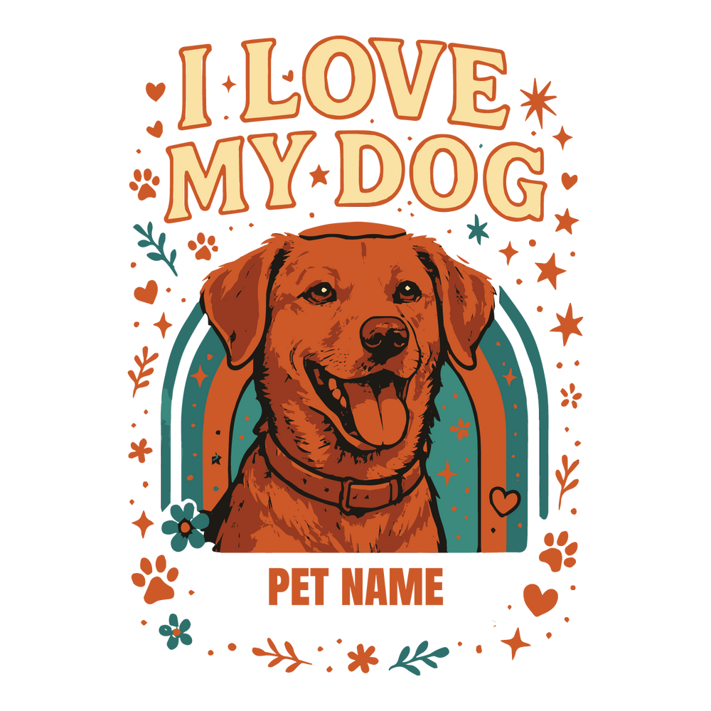 Dog portrait with stars, hearts, and paw prints, customizable with pet name.