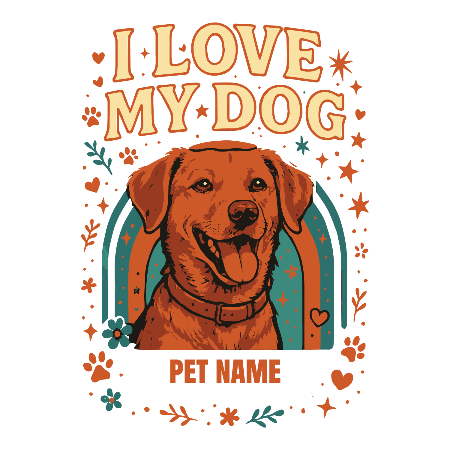 Dog portrait with stars, hearts, and paw prints, customizable with pet name.