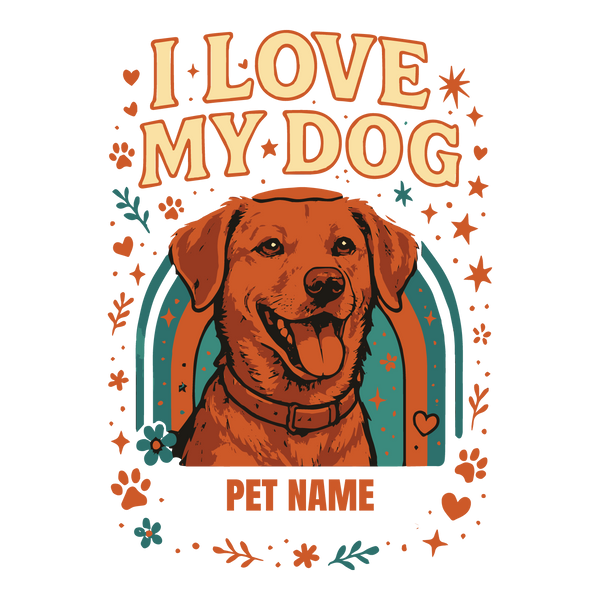 Dog portrait with stars, hearts, and paw prints, customizable with pet name.