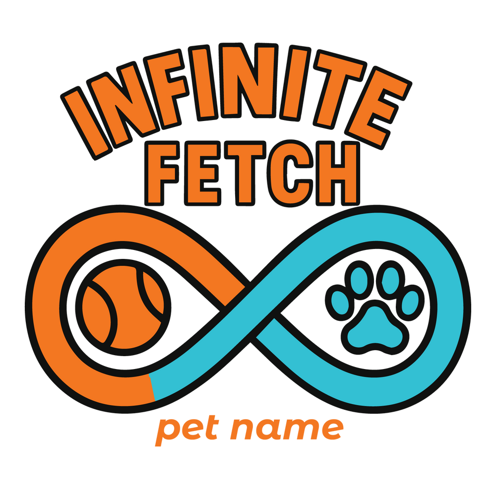 Infinity loop design with ball and paw print, customizable with pet name.