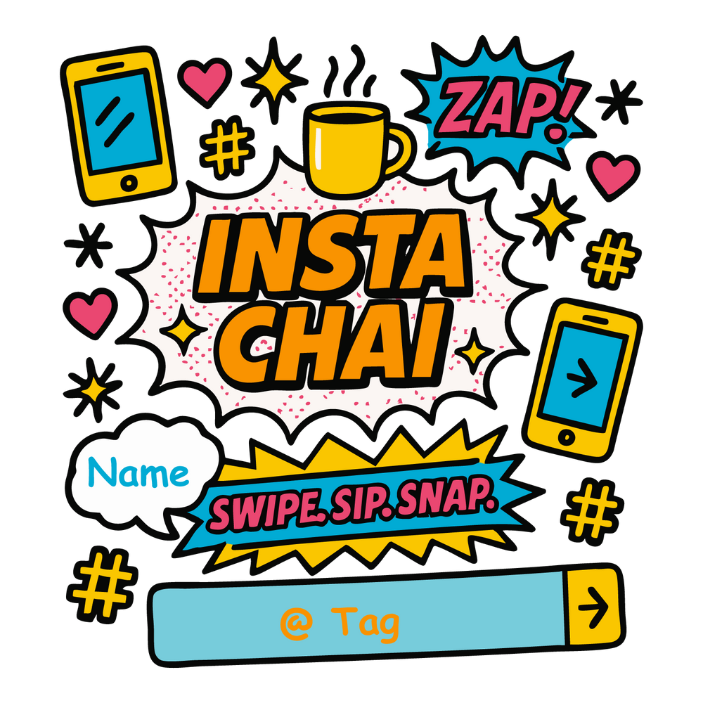 Pop-art style T-shirt design with chai cup, phones, hashtags, and editable name and Instagram tag fields.