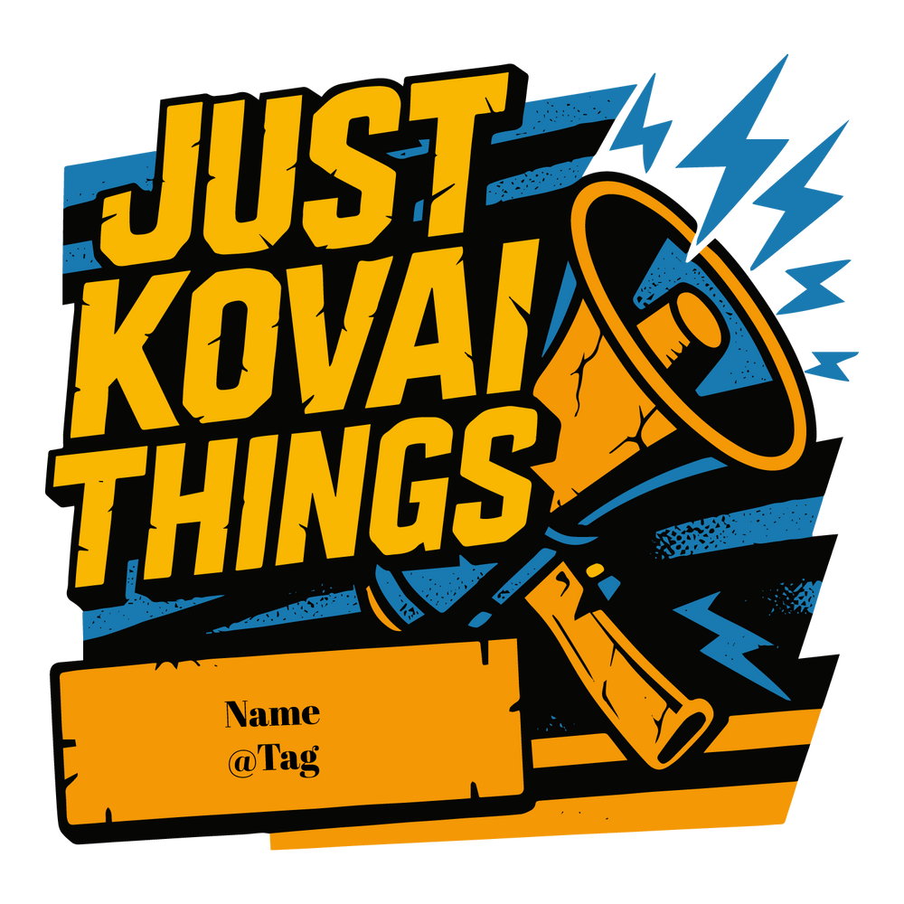 Just Kovai Things T-shirt design with megaphone, lightning bolts, and customizable name/tag.